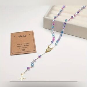 Multicolor rosary necklace13.5’inch.stainless steel cross 3mm mixed color beads